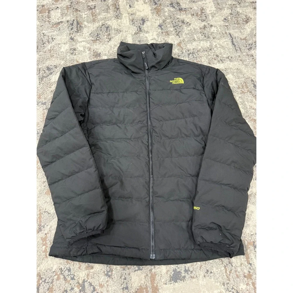 The North Face Mens 550 Down Puffer Jacket Black Lime Green Small Mock Neck Zip